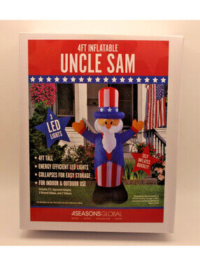 4 Ft Inflatable Uncle Sam Self Inflatable 48” Patriotic 3 LED Lights Indoor Outd